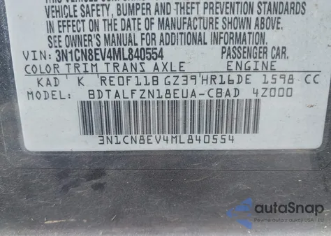 2021 Nissan Versa Sv Xtronic Cvt z USA, uszkodzony, nr VIN 3N1CN8EV4ML840554